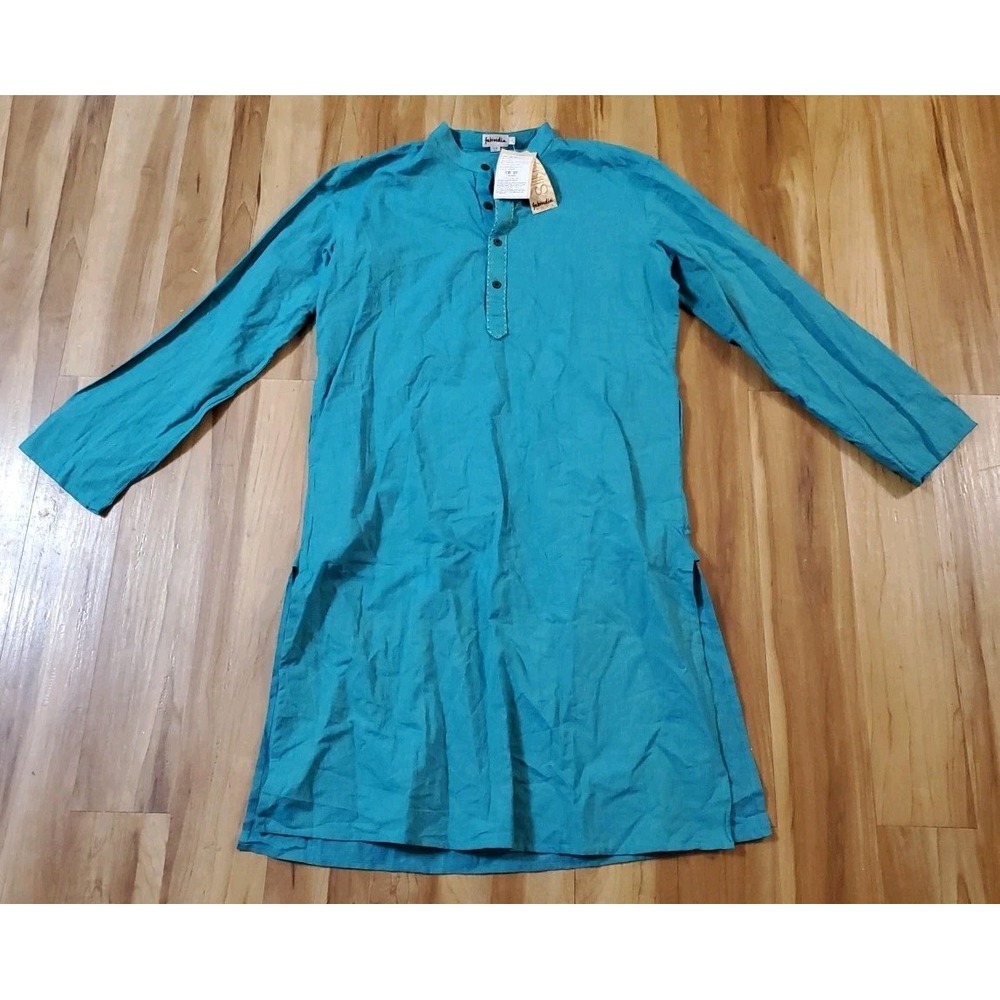 Fabindia Shirt Mens Large Kurta Long Slim Fit Khadi 1/4 Button Turquiose NWT